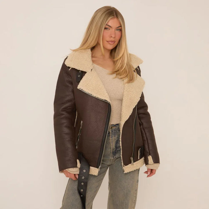 Contrast Borg Aviator Jacket in Dark Brown Faux Leather - Cozy & Stylish Outerwear