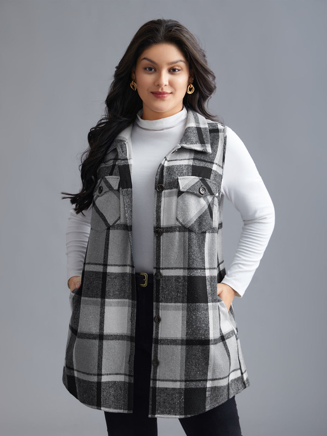 Plaid Flap Detail Sleeveless Jacket