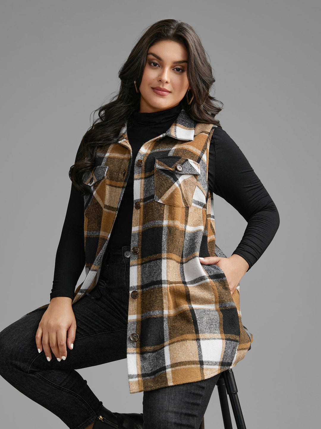 Plaid Flap Detail Sleeveless Jacket