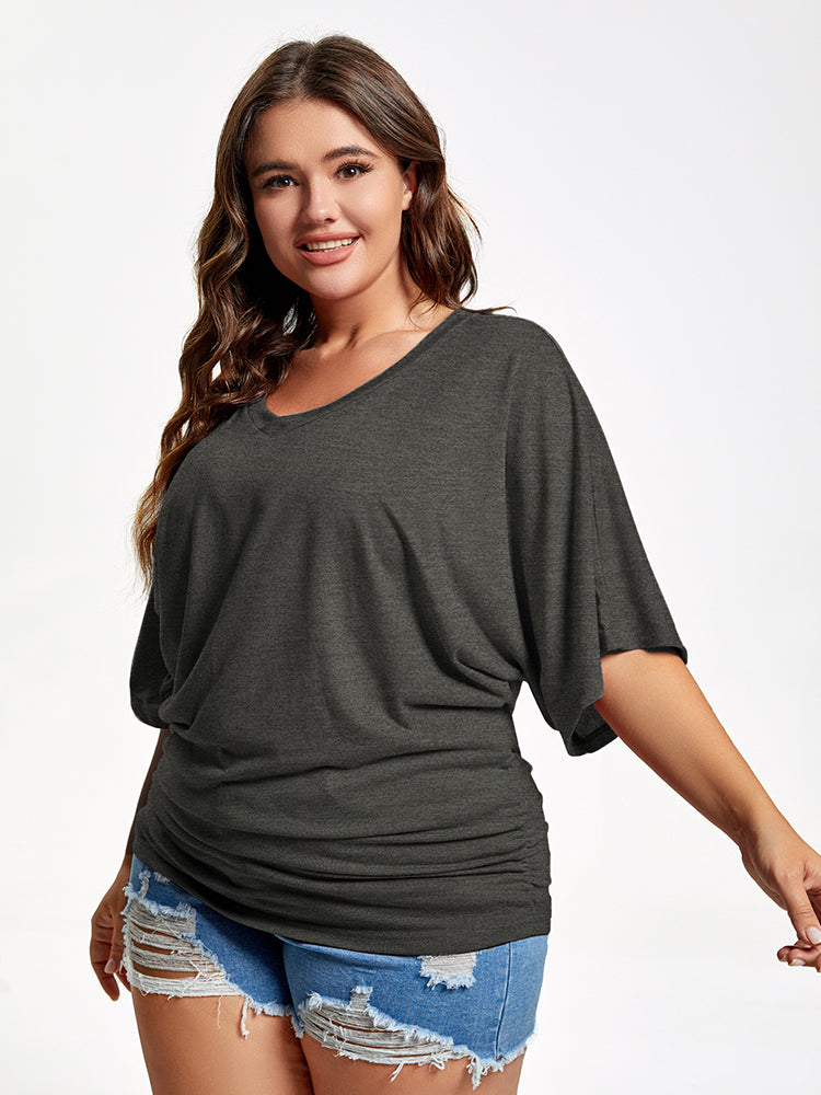 Plus Plain Ruched Batwing Sleeve Tee