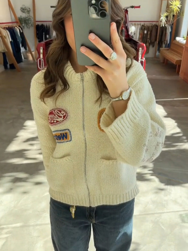 Patch Embellishment Knit Zip Up Jacket in Cream