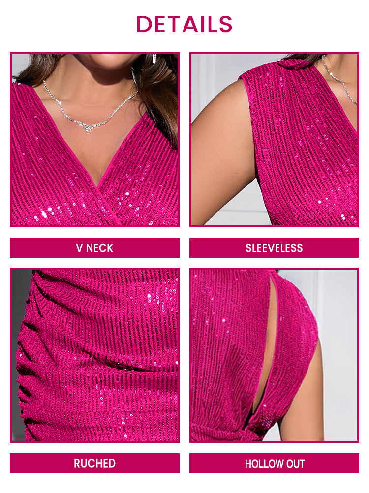 Plus Sequin V Neck Ruched Party Dress