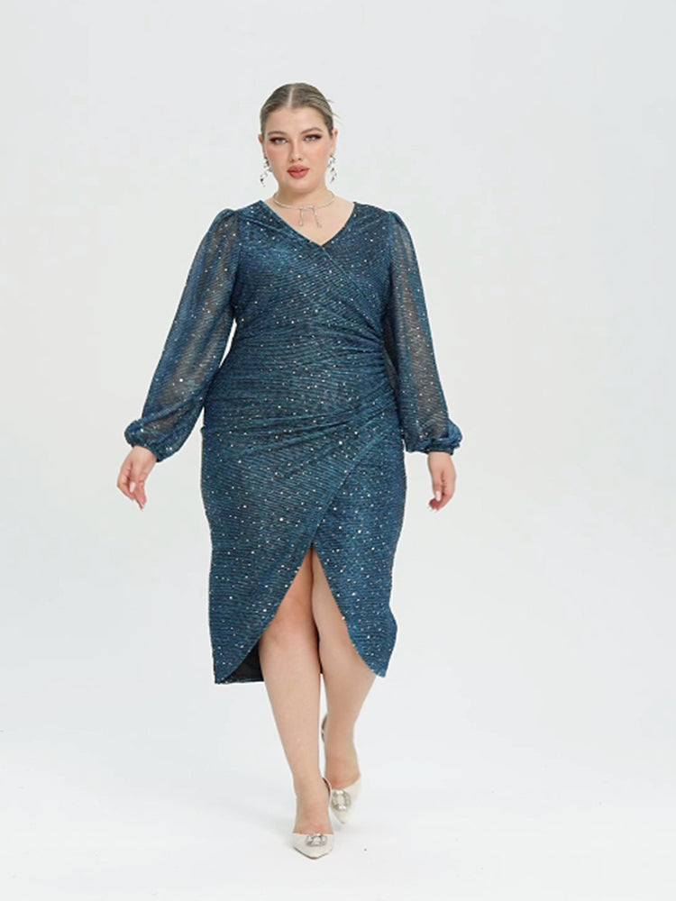 Contrast Mesh Lantern Sleeve Wrap Sequin Midi Dress