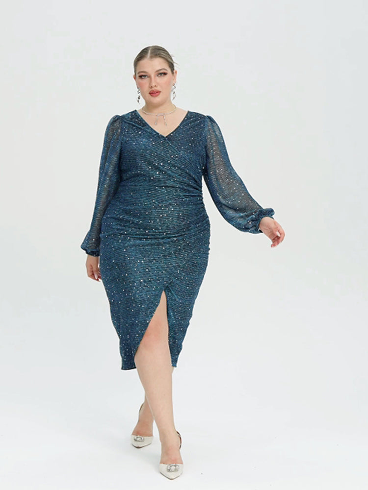 Contrast Mesh Lantern Sleeve Wrap Sequin Midi Dress