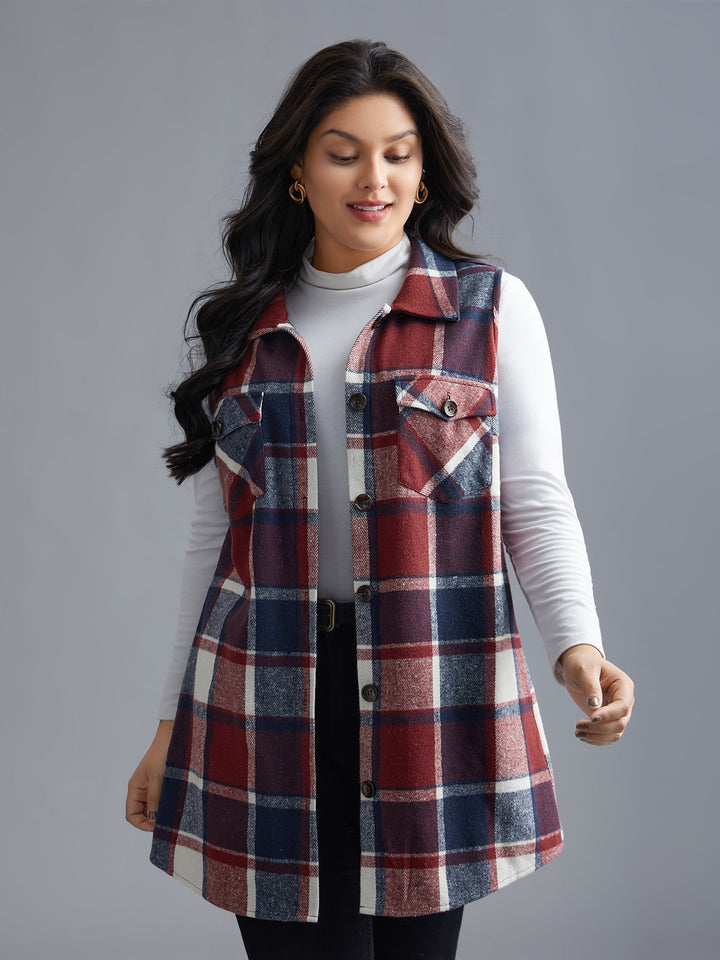 Plaid Flap Detail Sleeveless Jacket