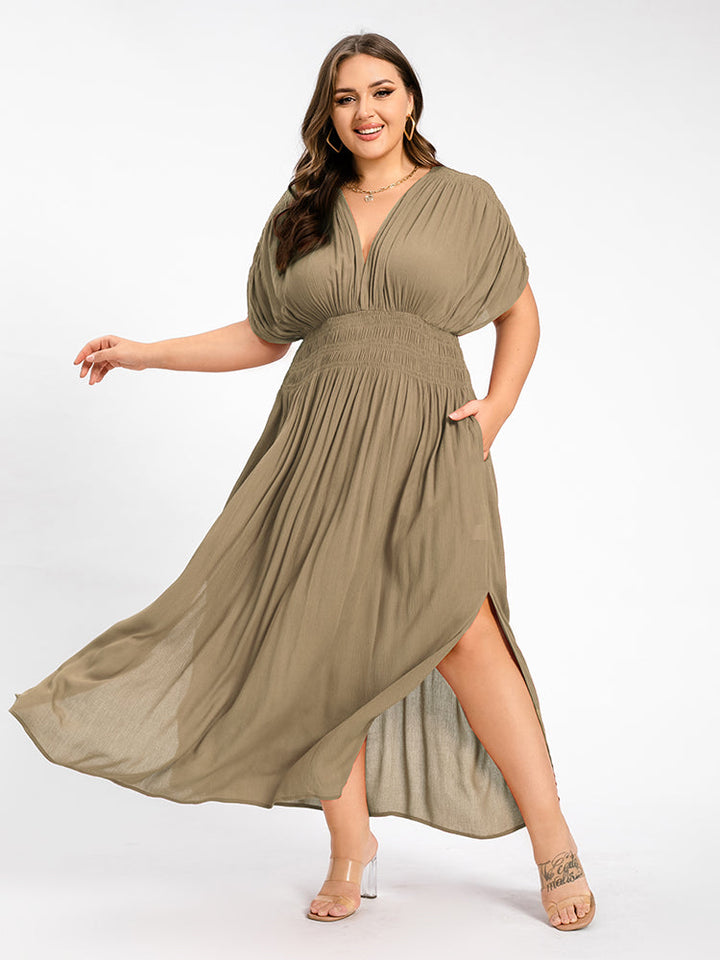 V-Neck Batwing Sleeve Pocket Ruched Waist Maxi Dress