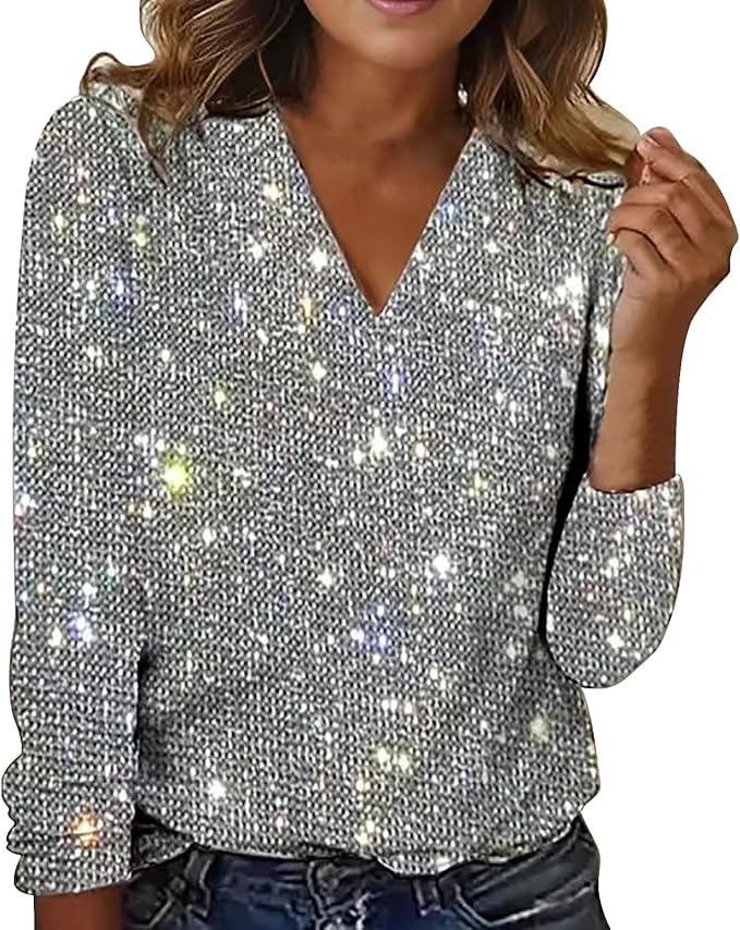 Elegant V-Neck Sequined Top - Stylish & Sparkling Evening Wear