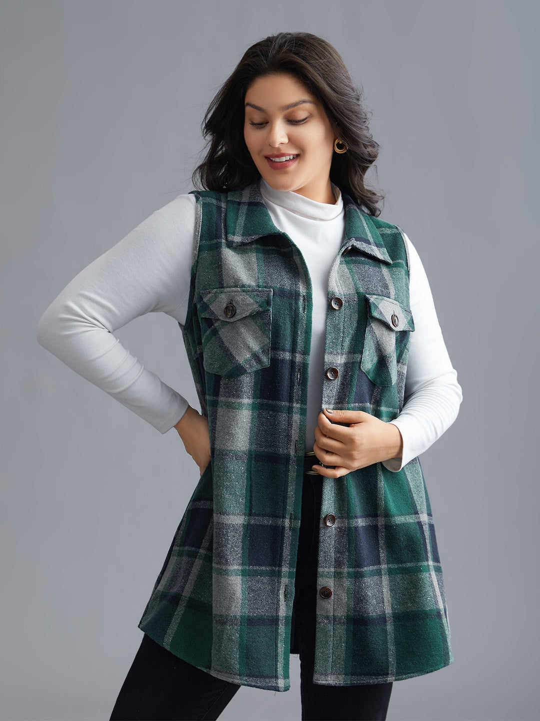 Plaid Flap Detail Sleeveless Jacket