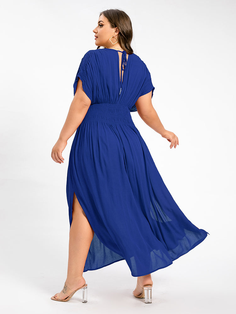 V-Neck Batwing Sleeve Pocket Ruched Waist Maxi Dress