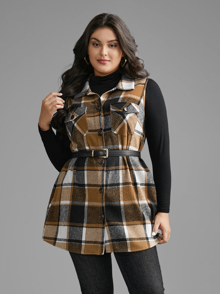 Plaid Flap Detail Sleeveless Jacket