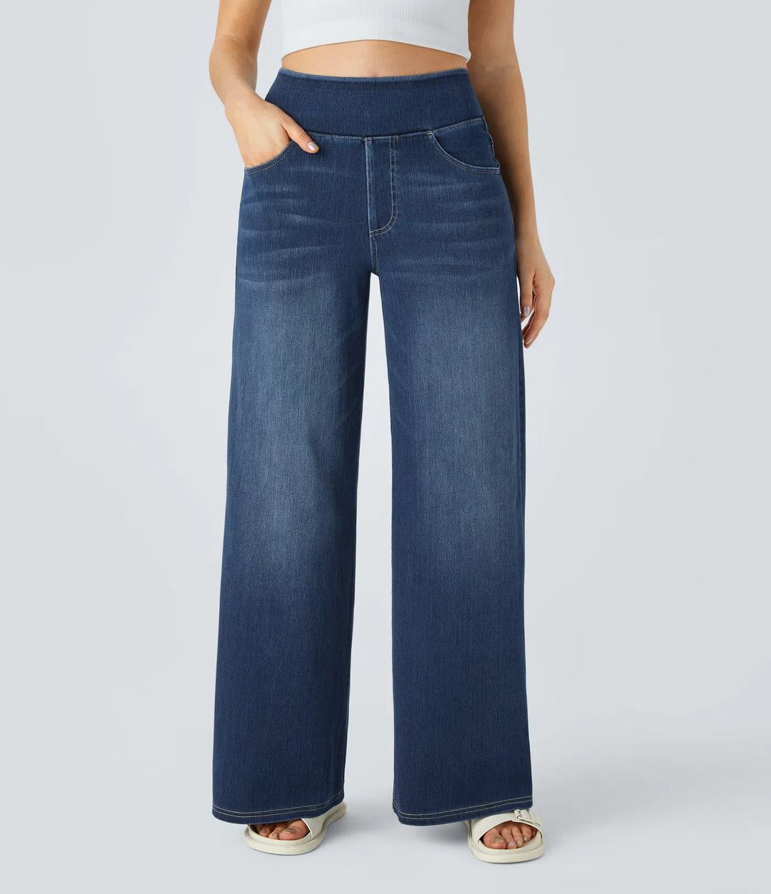 High Waisted Wide Leg Casual Jeans – Multiple Pockets, Washed Stretchy Knit for Comfort