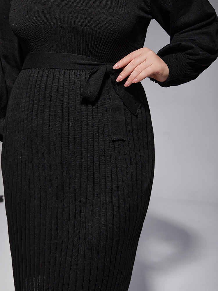 Plus Black Solid Tie Lantern Sleeves Midi Knit Dress