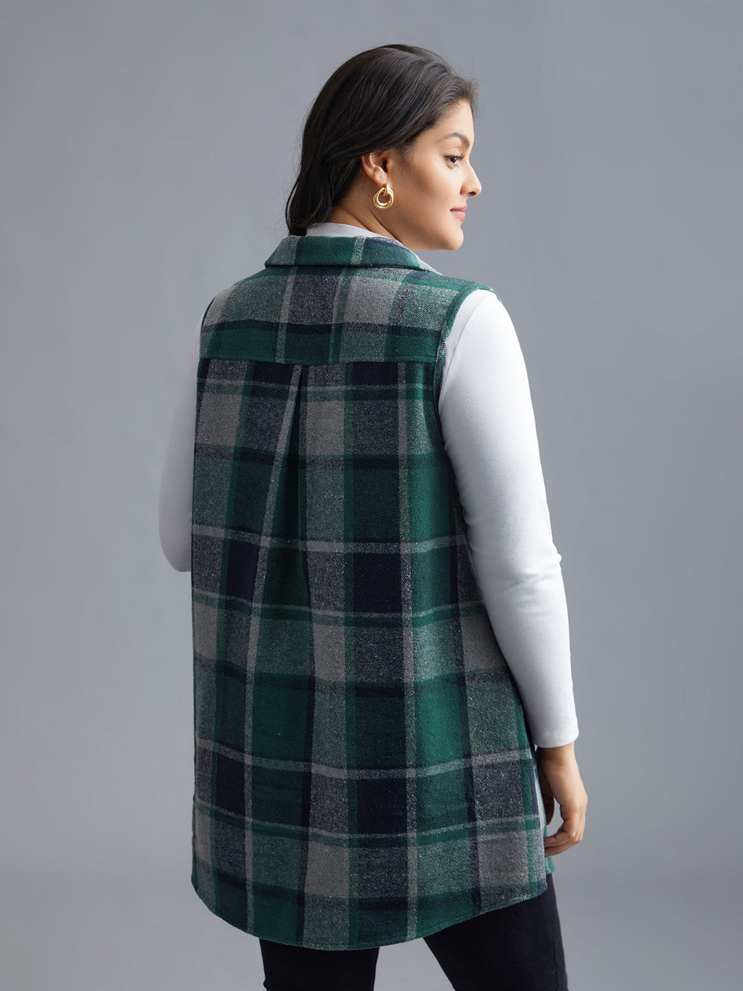 Plaid Flap Detail Sleeveless Jacket