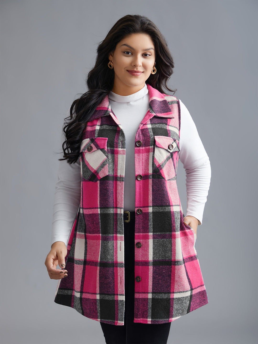 Plaid Flap Detail Sleeveless Jacket