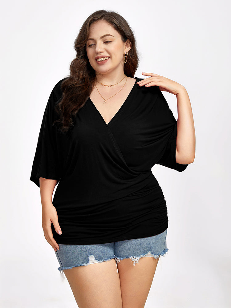 Plus Plain Crisscross V Neck Ruched Hem Tee