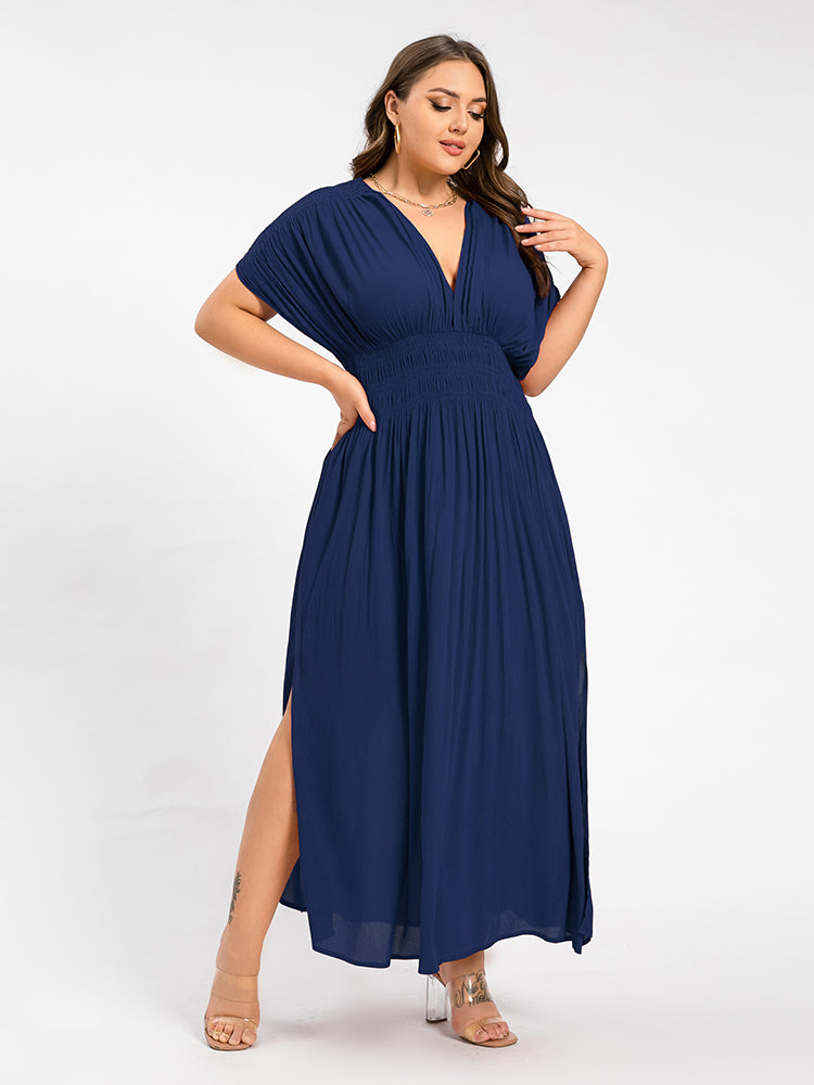 V-Neck Batwing Sleeve Pocket Ruched Waist Maxi Dress