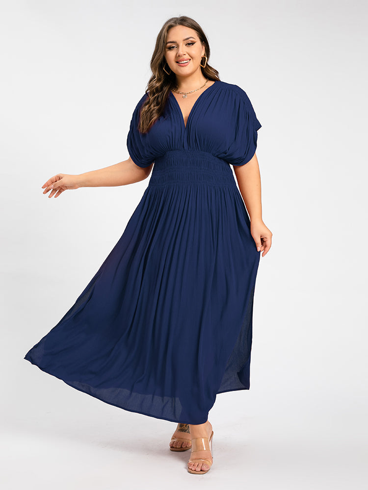 V-Neck Batwing Sleeve Pocket Ruched Waist Maxi Dress