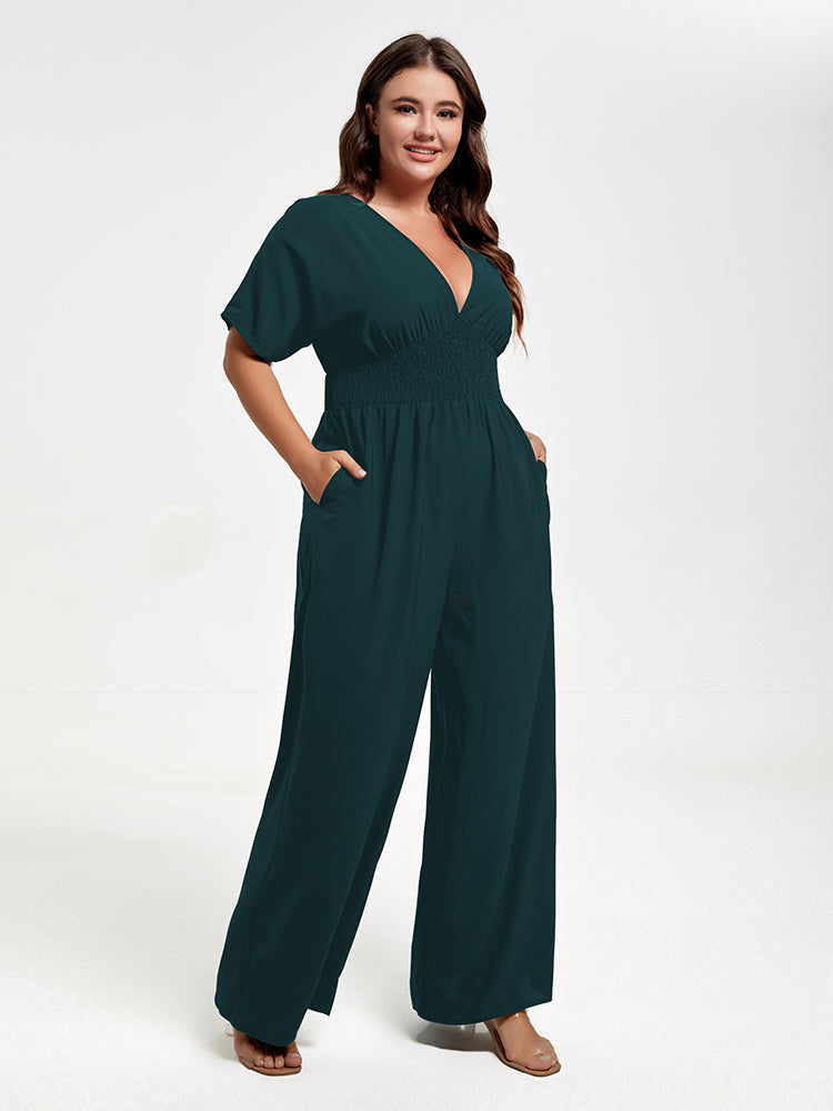 Plus V Neck Dolman Sleeve Pocket Shirred Wide Leg Jumpsuit