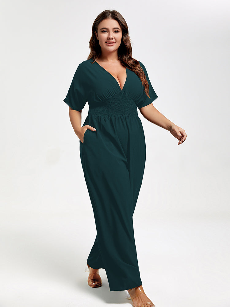 Plus V Neck Dolman Sleeve Pocket Shirred Wide Leg Jumpsuit