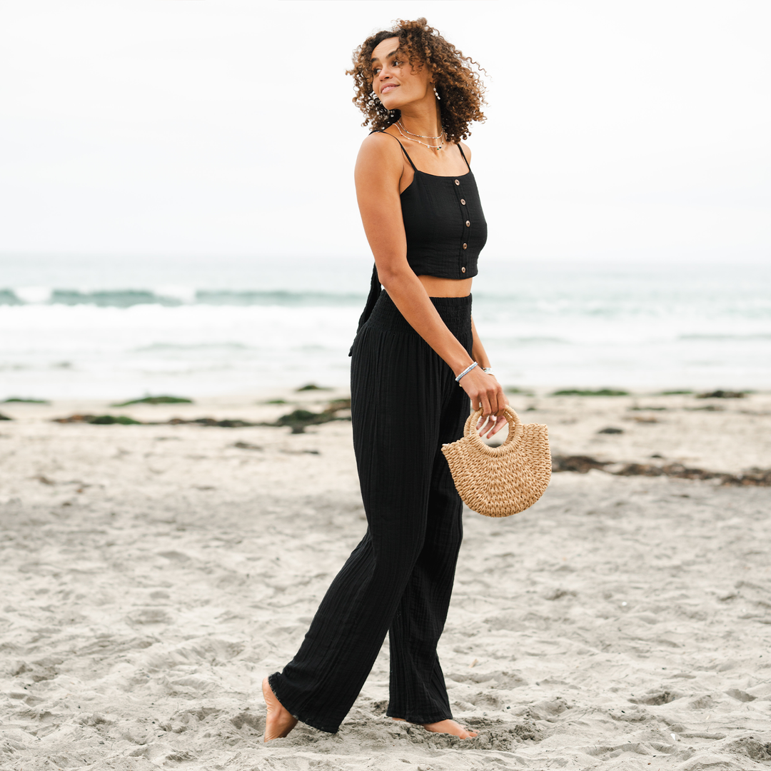 Black Wide Leg Cotton Pants