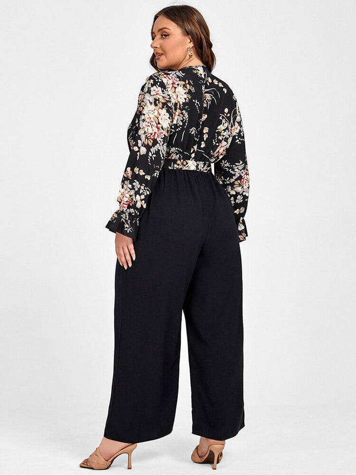 Plus Floral Patchwork Wrap Belted Pocket Jumpsuit