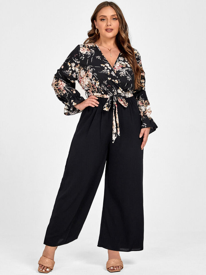 Plus Floral Patchwork Wrap Belted Pocket Jumpsuit