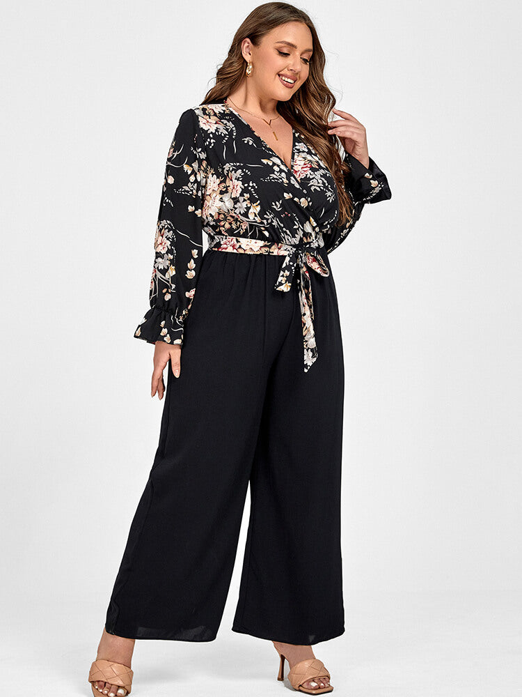 Plus Floral Patchwork Wrap Belted Pocket Jumpsuit