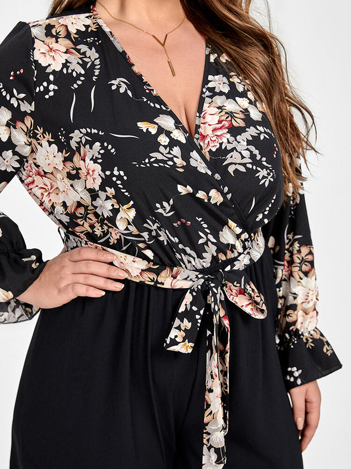 Plus Floral Patchwork Wrap Belted Pocket Jumpsuit