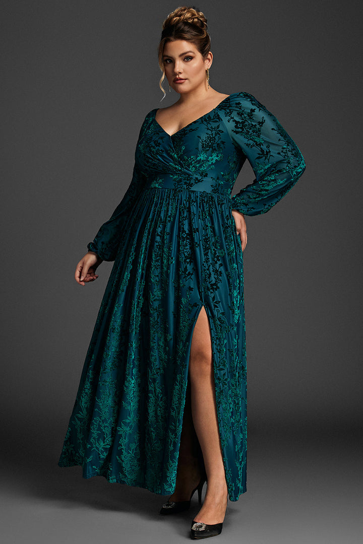 Curveins Plus Size Velvet Lantern Sleeve Plain Maxi Dress