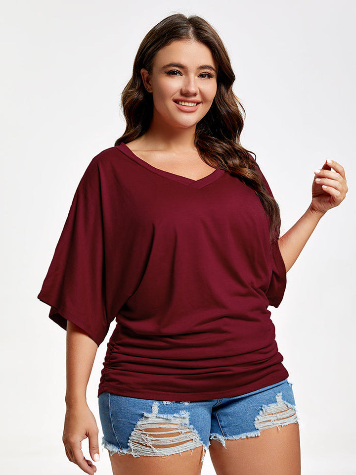 Plus Plain Ruched Batwing Sleeve Tee