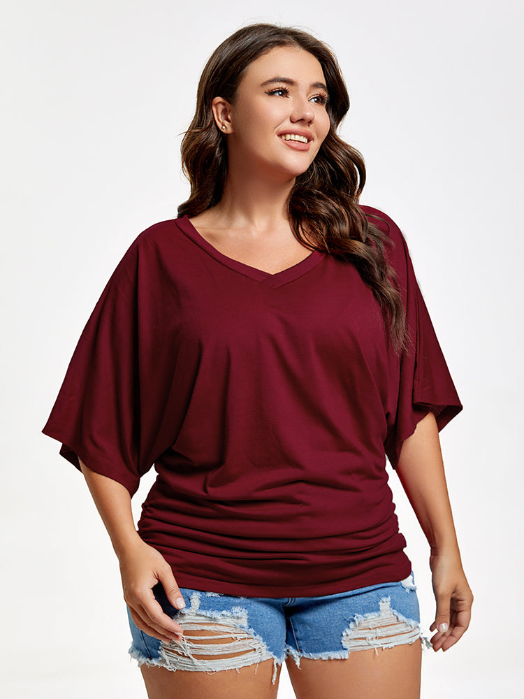 Plus Plain Ruched Batwing Sleeve Tee