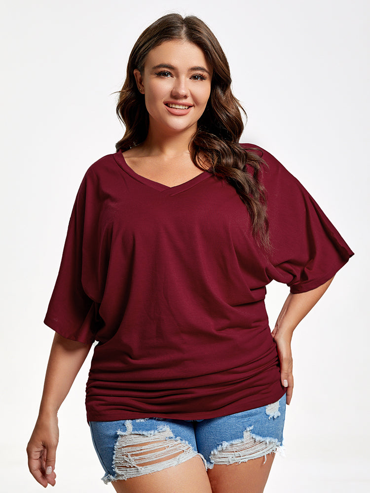 Plus Plain Ruched Batwing Sleeve Tee