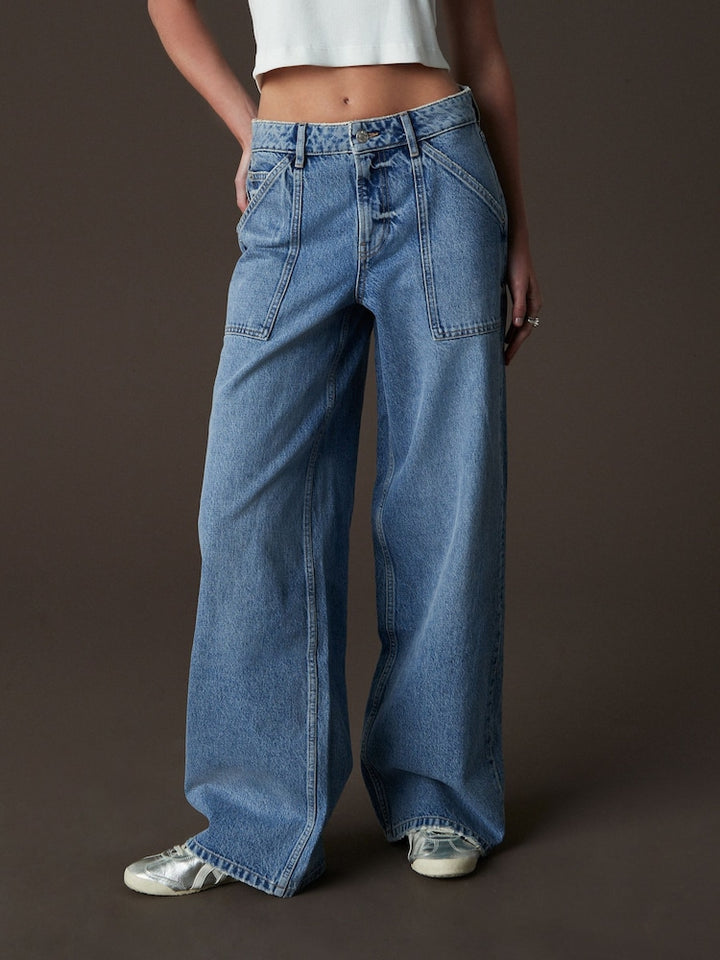 Mid Blue Wide-Leg Jeans with Adjustable Cinch Back - Effortless Style & Comfort