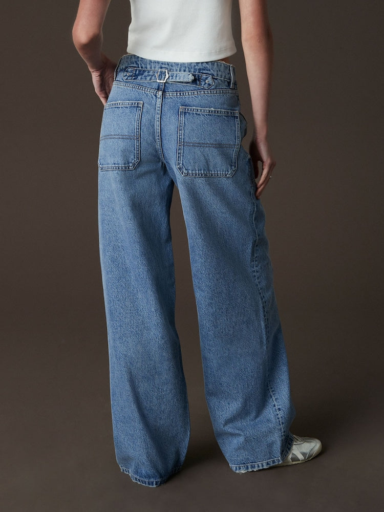 Mid Blue Wide-Leg Jeans with Adjustable Cinch Back - Effortless Style & Comfort