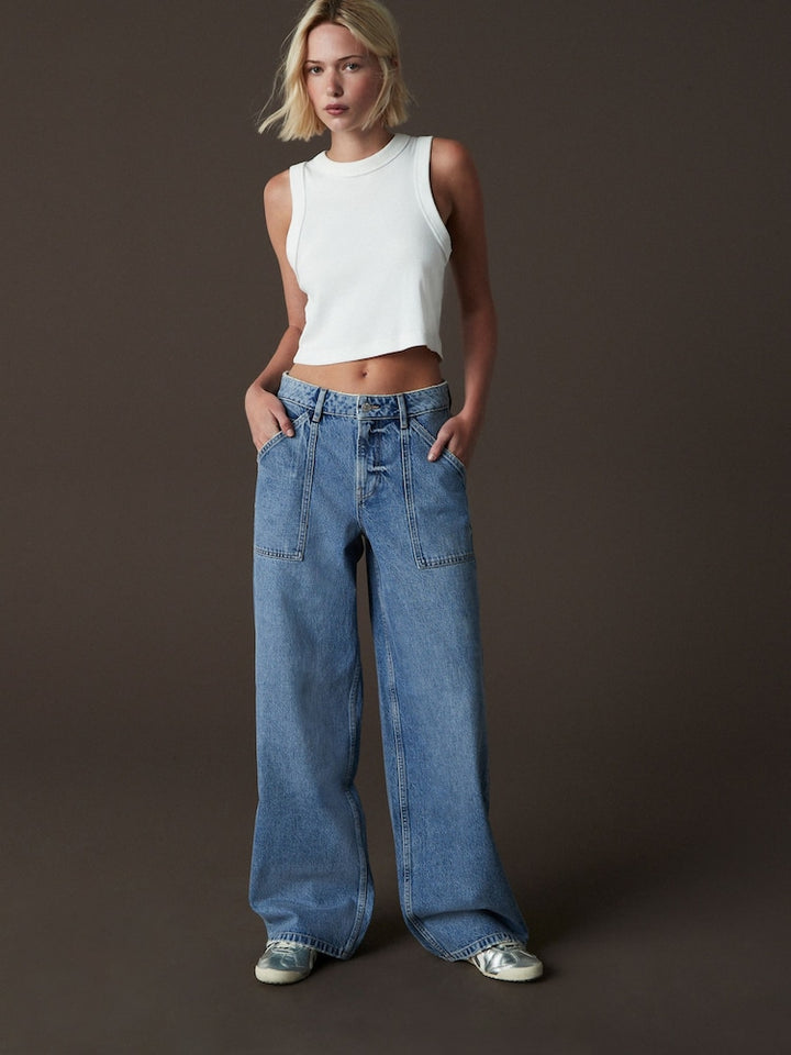 Mid Blue Wide-Leg Jeans with Adjustable Cinch Back - Effortless Style & Comfort