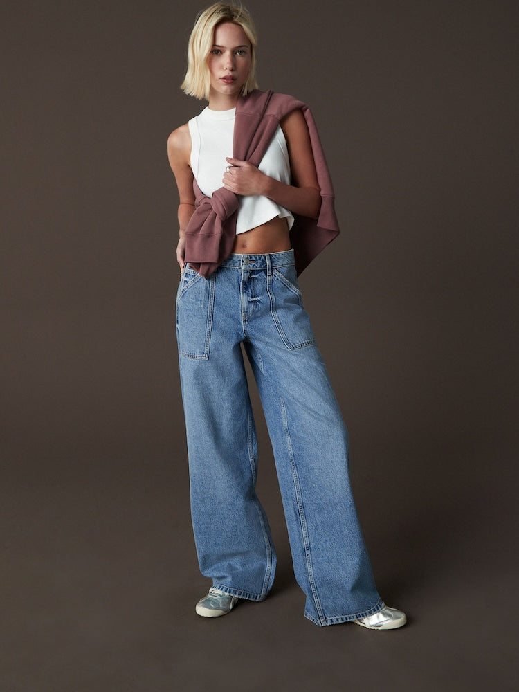 Mid Blue Wide-Leg Jeans with Adjustable Cinch Back - Effortless Style & Comfort