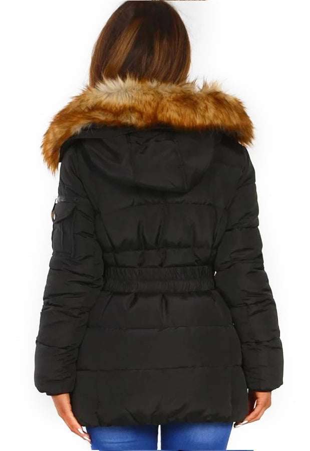 Quilted Belted Black Faux Fur Padded Jacket Coat - Warm and Stylish Outerwear