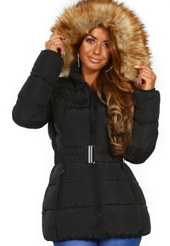 Quilted Belted Black Faux Fur Padded Jacket Coat - Warm and Stylish Outerwear