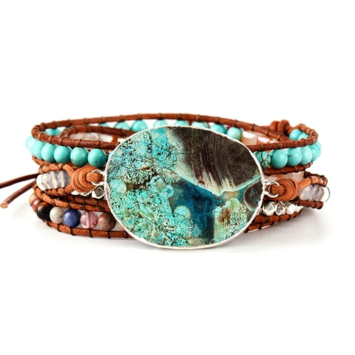 Handmade Natural Ocean Jasper Leather Wrap Bracelet – Unique Gemstone Jewelry