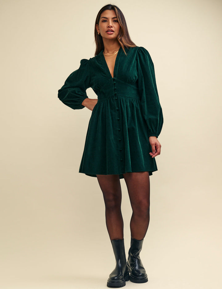 Dark Green Cord Long Sleeve Mini Dress – Stylish Starlight Pattern Casual Dress