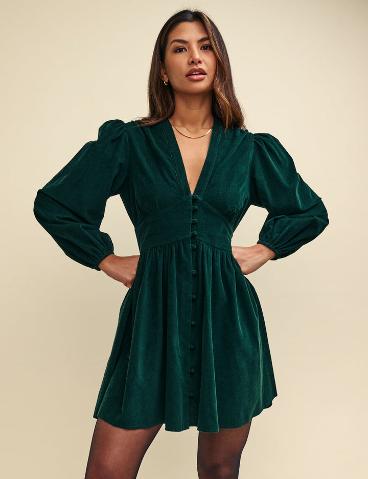 Dark Green Cord Long Sleeve Mini Dress – Stylish Starlight Pattern Casual Dress