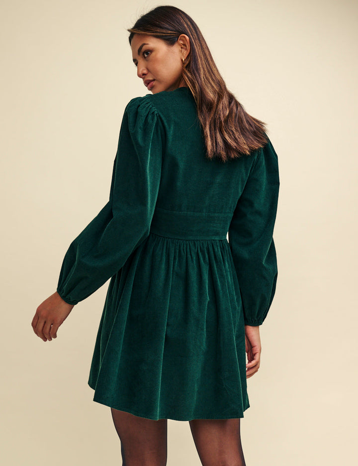 Dark Green Cord Long Sleeve Mini Dress – Stylish Starlight Pattern Casual Dress