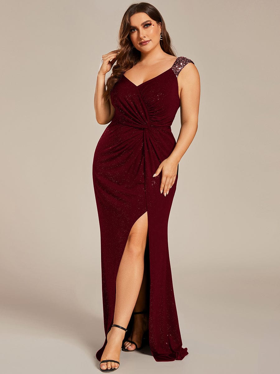 Elegant Sequin V-Neck Evening Gown with High Slit and Sleeveless Design