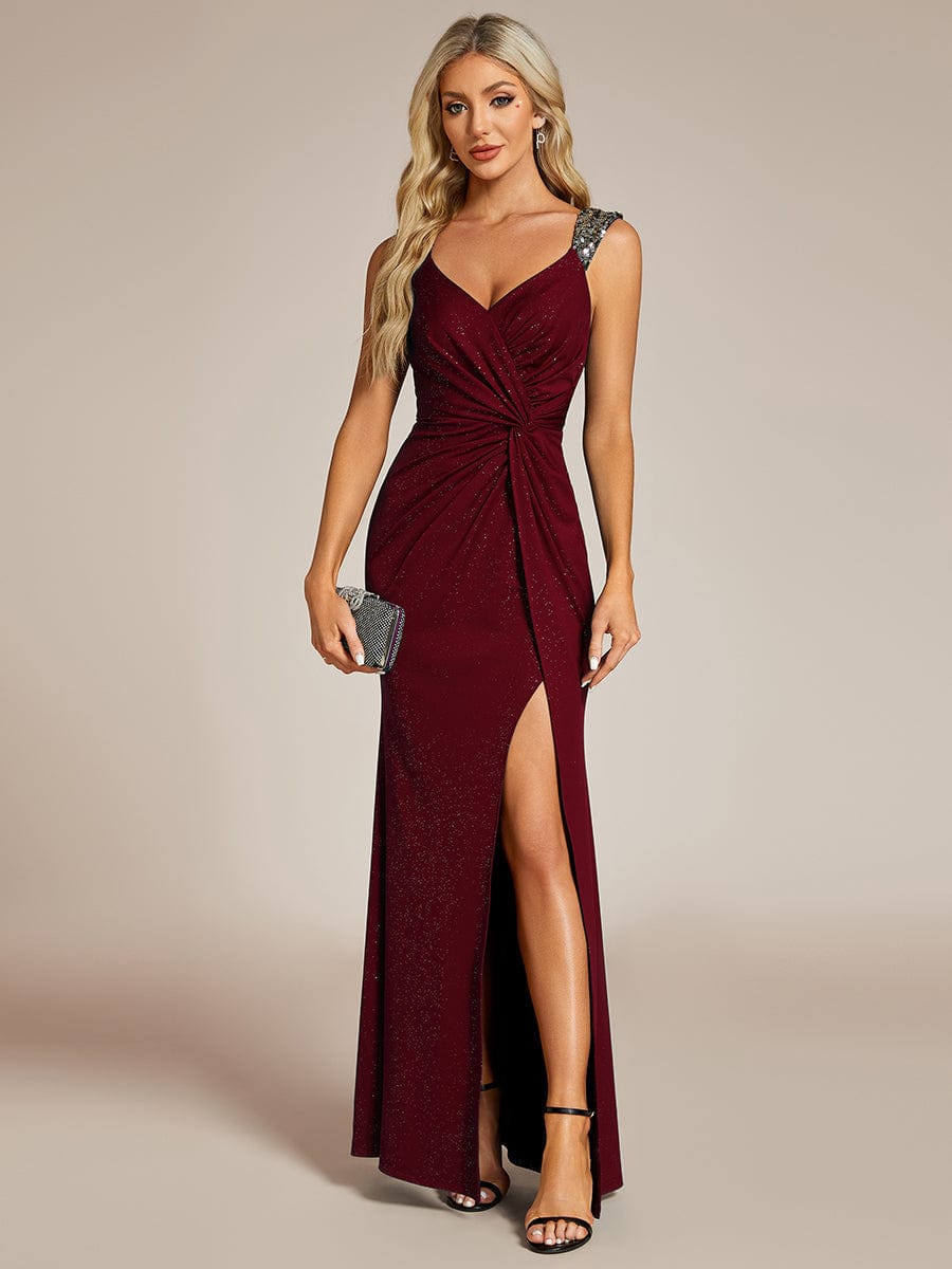 Elegant Sequin V-Neck Evening Gown with High Slit and Sleeveless Design