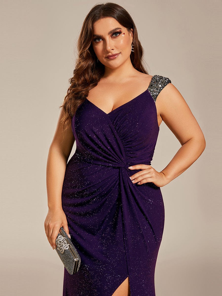 Elegant Sequin V-Neck Evening Gown with High Slit and Sleeveless Design