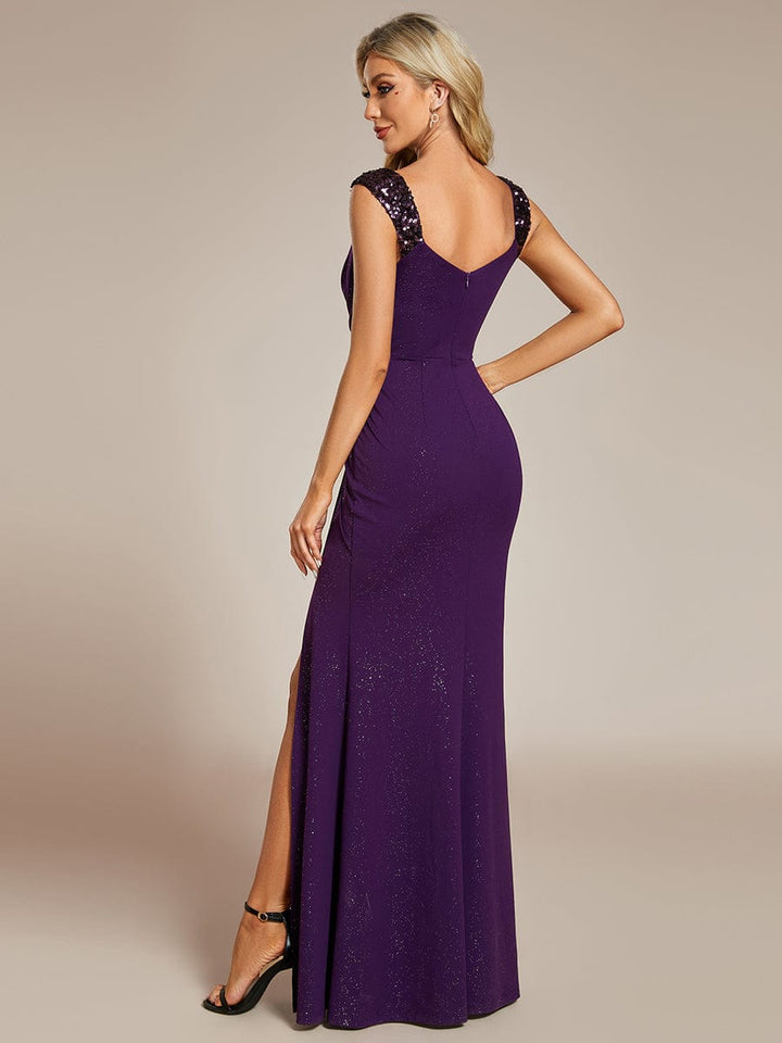 Elegant Sequin V-Neck Evening Gown with High Slit and Sleeveless Design