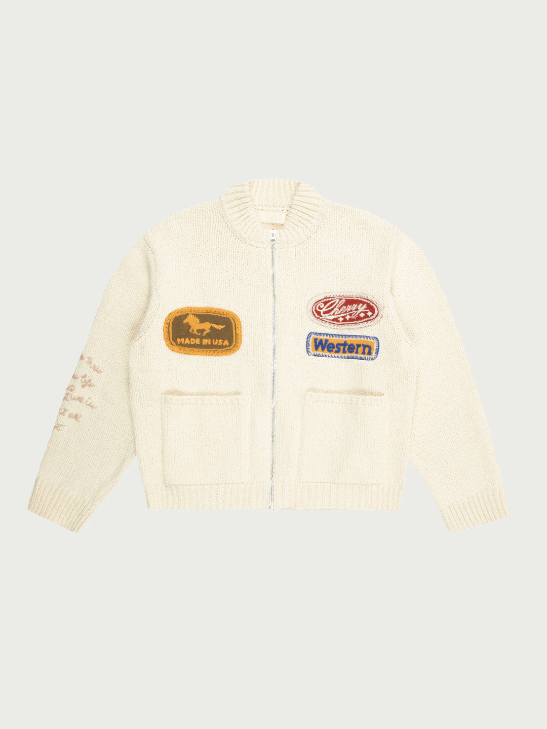 Patch Embellishment Knit Zip Up Jacket in Cream