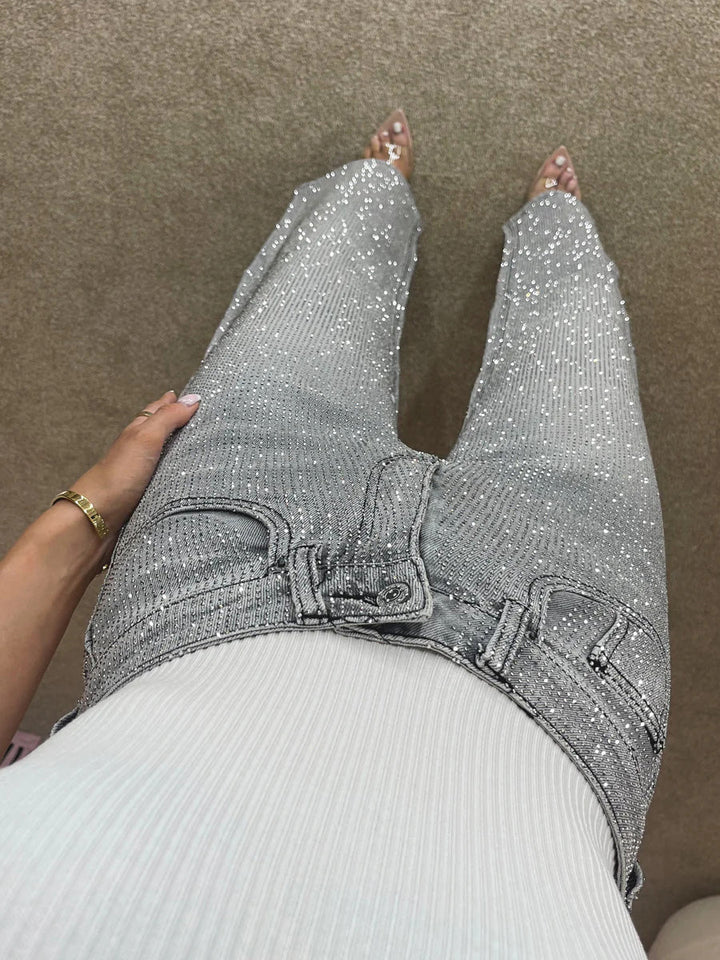 Premium Wide Leg Diamanté Denim Jeans in Storm Grey