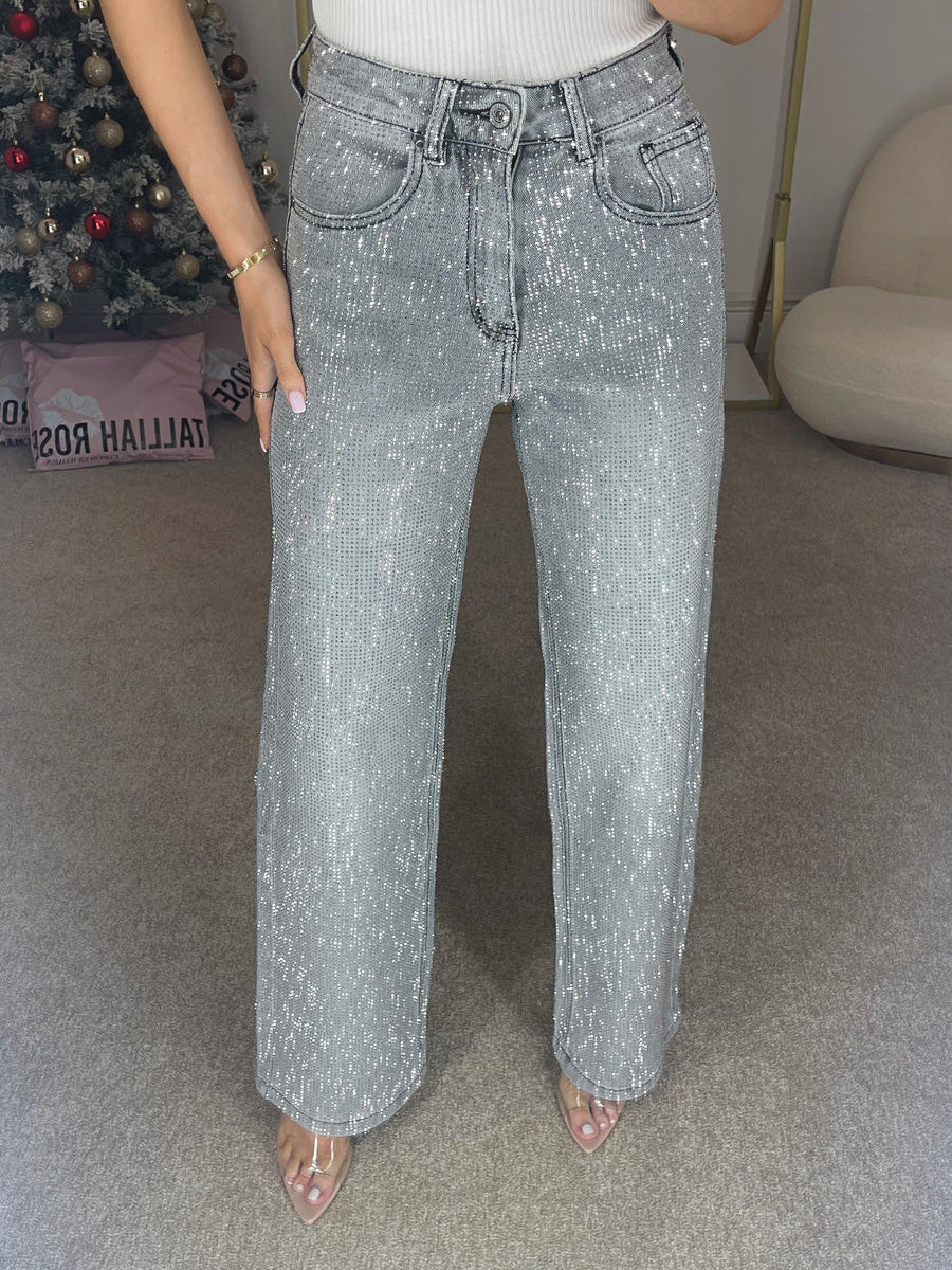 Premium Wide Leg Diamanté Denim Jeans in Storm Grey