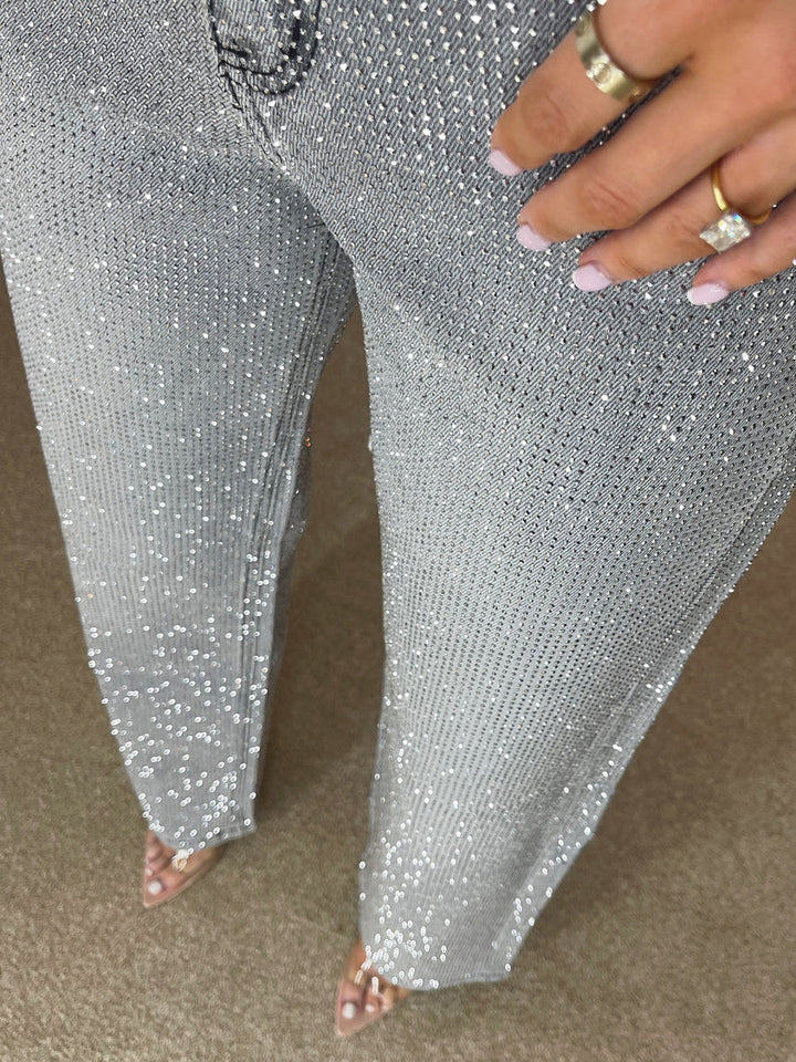 Premium Wide Leg Diamanté Denim Jeans in Storm Grey